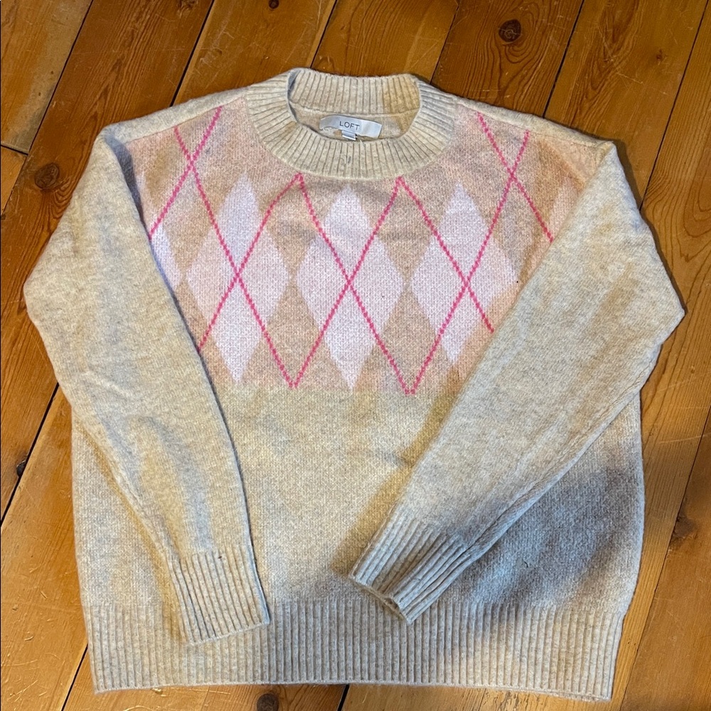LOFT Beige Sweater with Pink Argyle Design